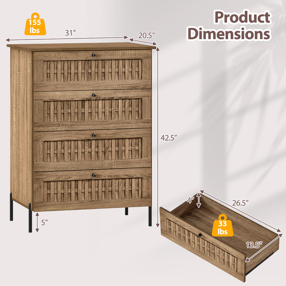 4-drawer dresser with oak finish, rattan-textured fronts, and metal legs, featuring dimensions for bedroom storage.