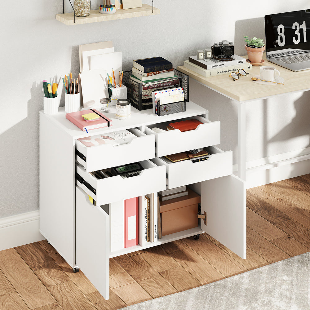4-drawer white file cabinet with wheels, featuring spacious countertop and organized storage for home office use.