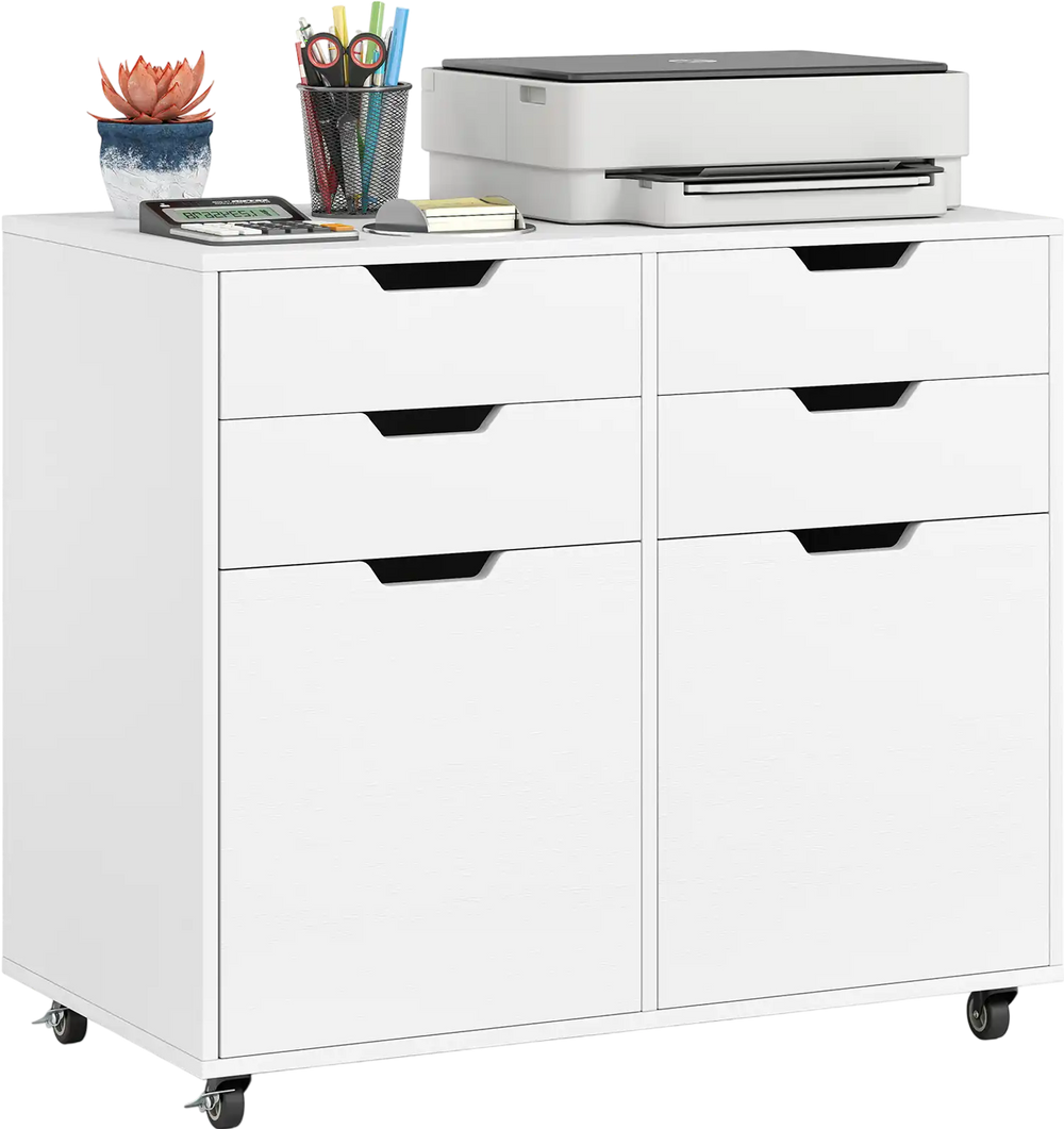 4-drawer white file cabinet on wheels with spacious countertop, designed for home office organization and easy mobility.