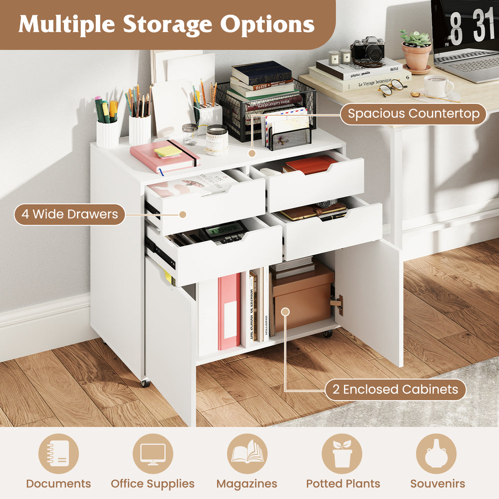 4-drawer white file cabinet with wheels, spacious countertop, and enclosed cabinets for home office organization.
