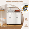 4-drawer white file cabinet with wheels, featuring lockable wheels and smooth metal slides for home office organization.