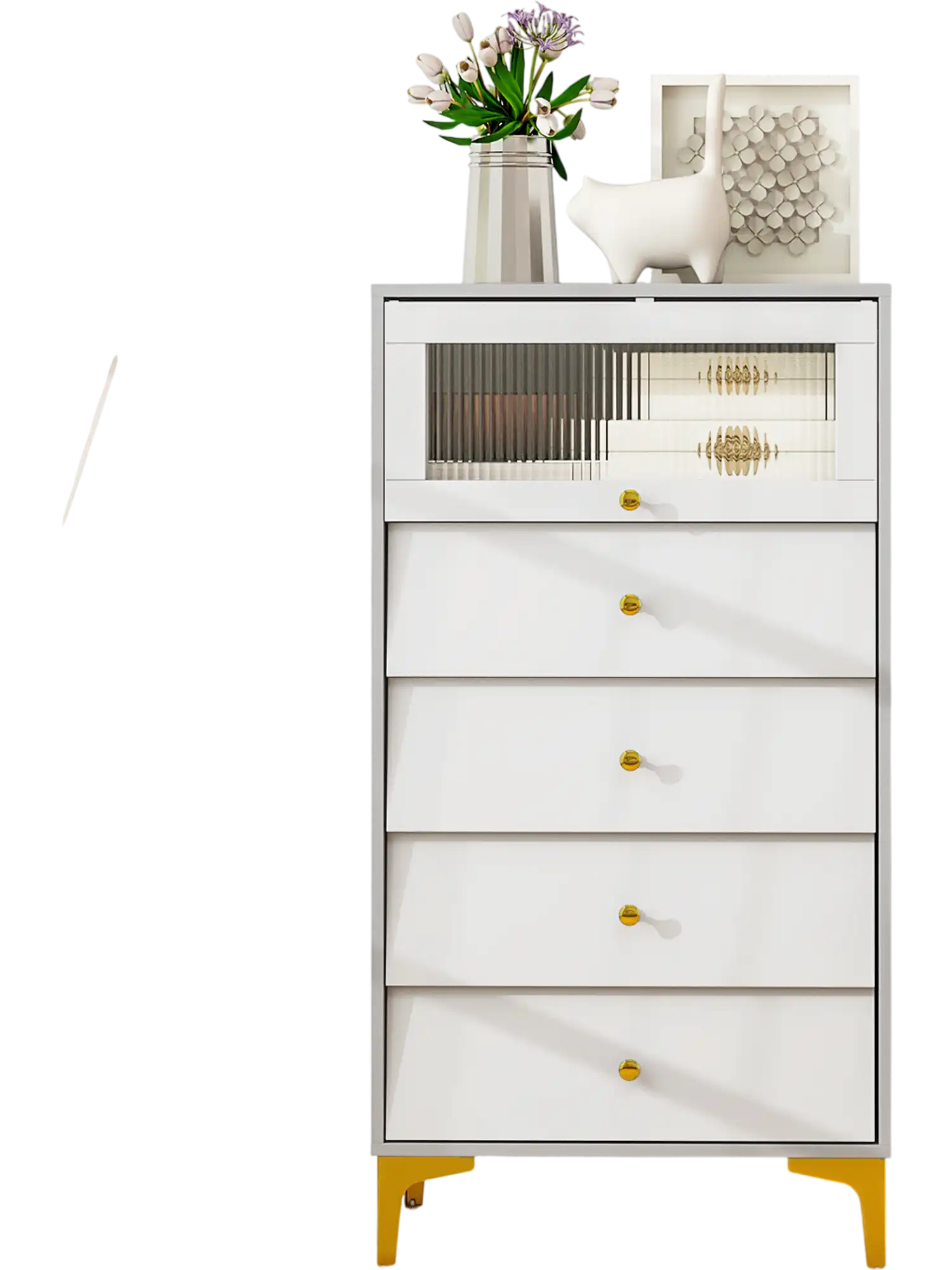 Costway Modern 4 Drawer Storage Cabinet Flip-Up Fluted Glass Door Gray White 719538426 New