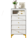 Modern 4 drawer storage cabinet in gray and white with fluted glass door, ideal for bedrooms and living rooms.