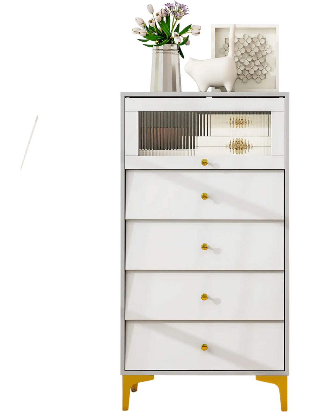Modern 4 drawer storage cabinet in gray and white with fluted glass door, ideal for bedrooms and living rooms.