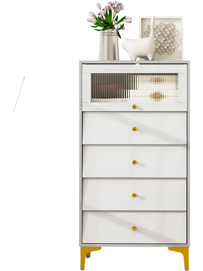 Costway Modern 4 Drawer Storage Cabinet Flip-Up Fluted Glass Door Gray White 719538426 New