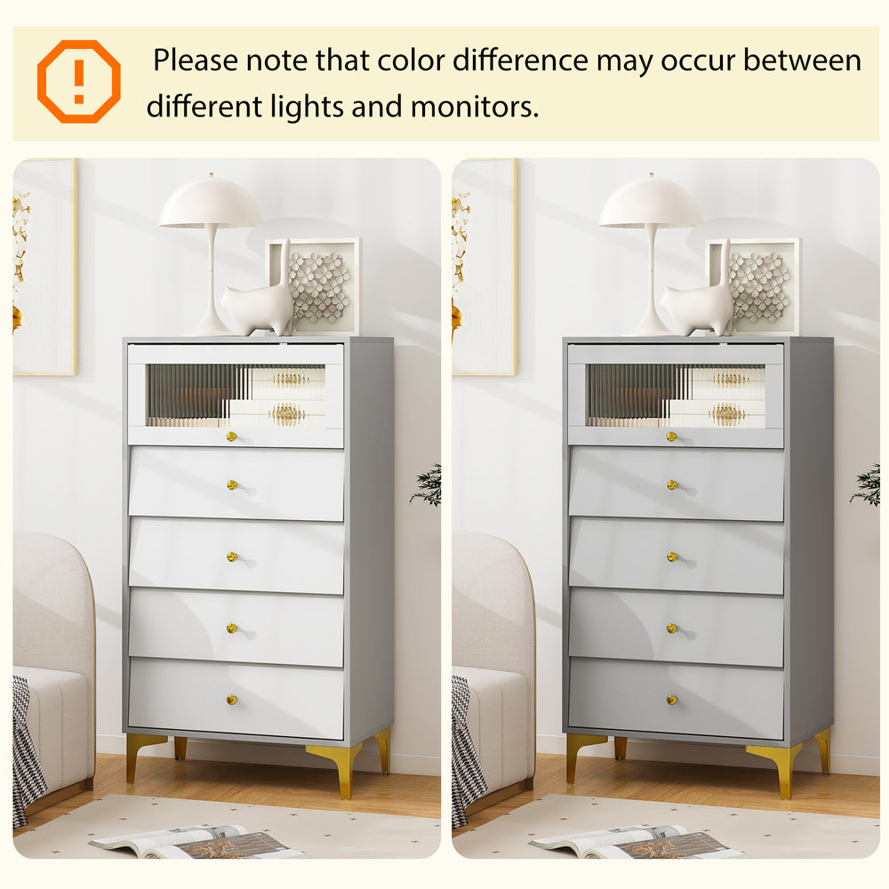 Side view of the 4-drawer modern storage cabinet in gray and white, featuring unique inclined drawer doors for.