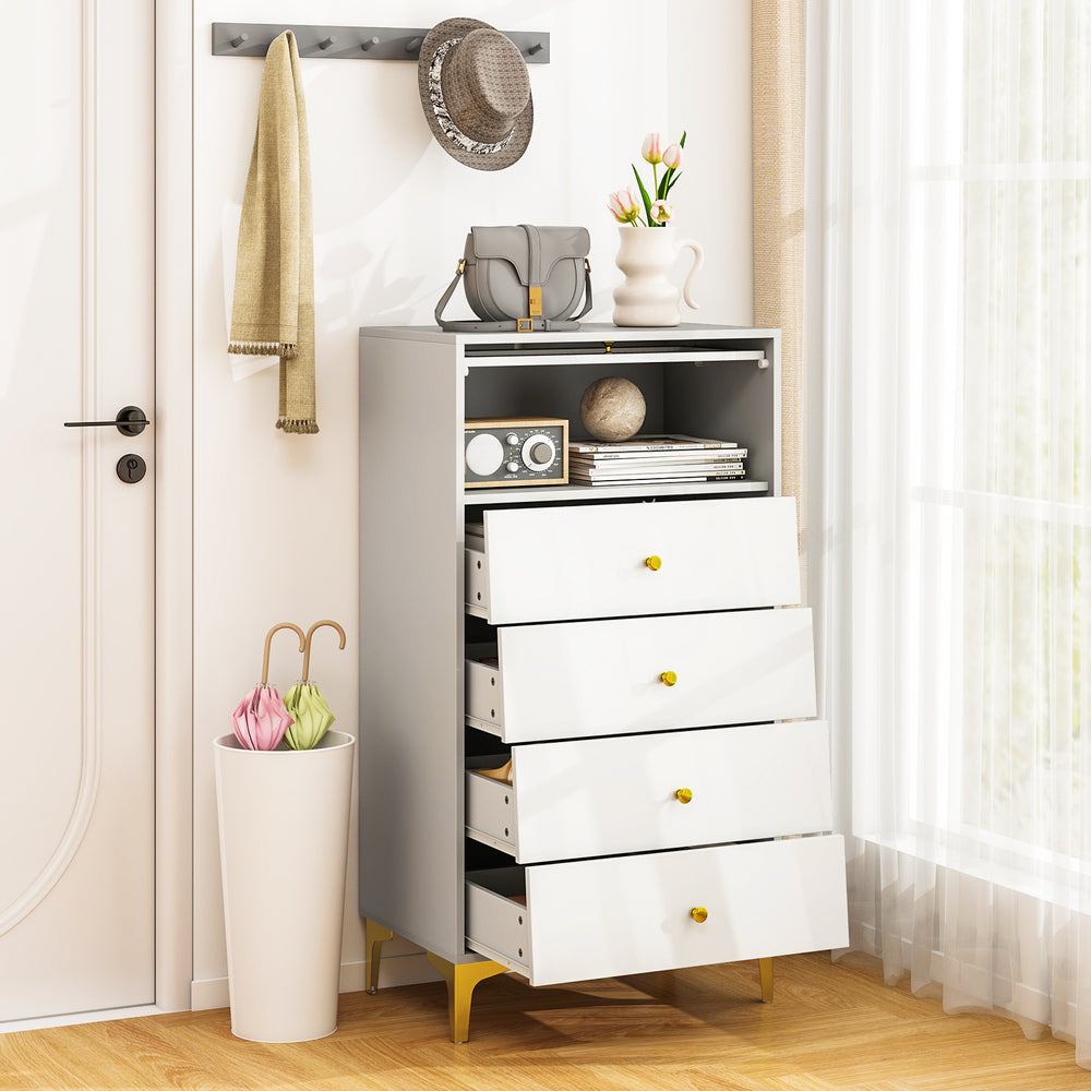 4-drawer modern storage cabinet in gray and white with fluted glass door, ideal for bedrooms and living rooms.