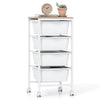 4-drawer rolling storage cart with white drawers and wooden tabletop, ideal for organizing office supplies and crafts.