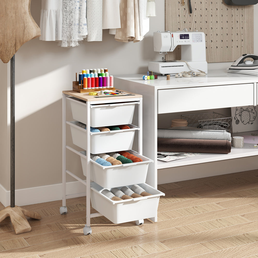 4-Drawer Rolling Storage Cart Mobile Utility Organizer with Wooden Tabletop and Lockable Wheels-White - Gallery View 1 of 9