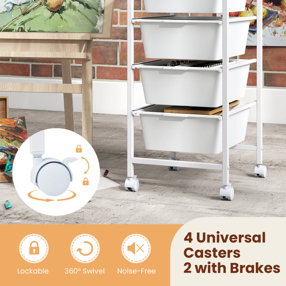 4-drawer rolling storage cart with wooden tabletop and lockable wheels, ideal for organizing office and craft supplies.