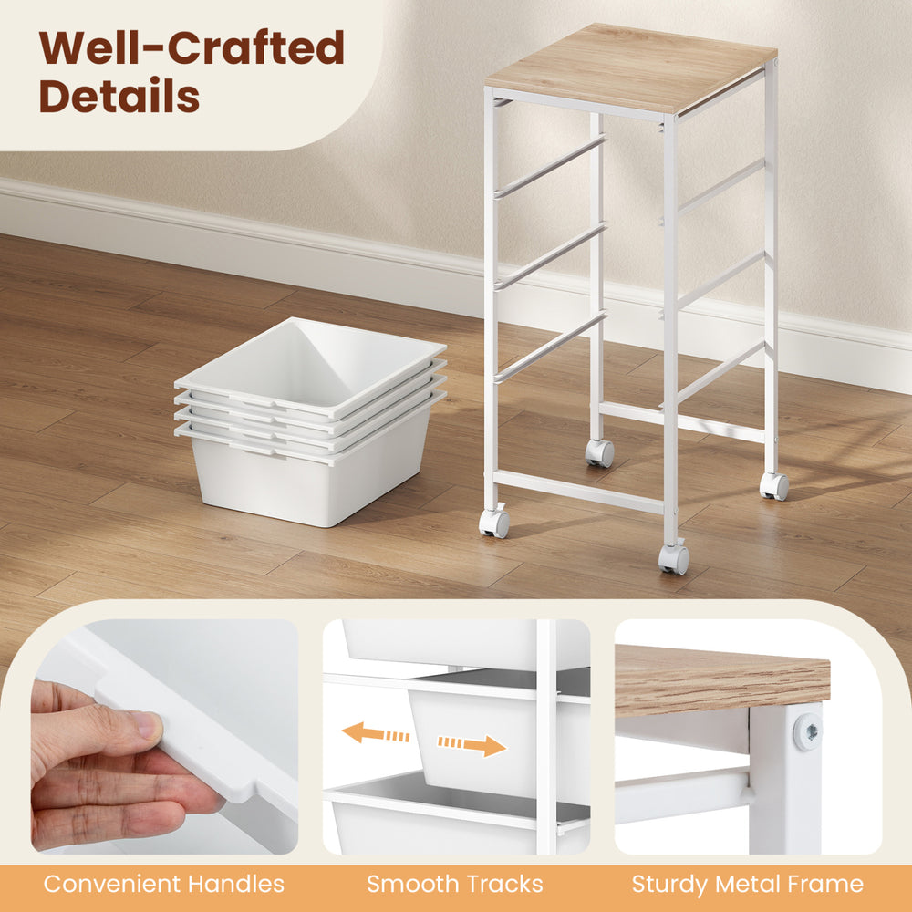 4-drawer rolling storage cart with wooden tabletop, white metal frame, and lockable wheels for versatile organization.