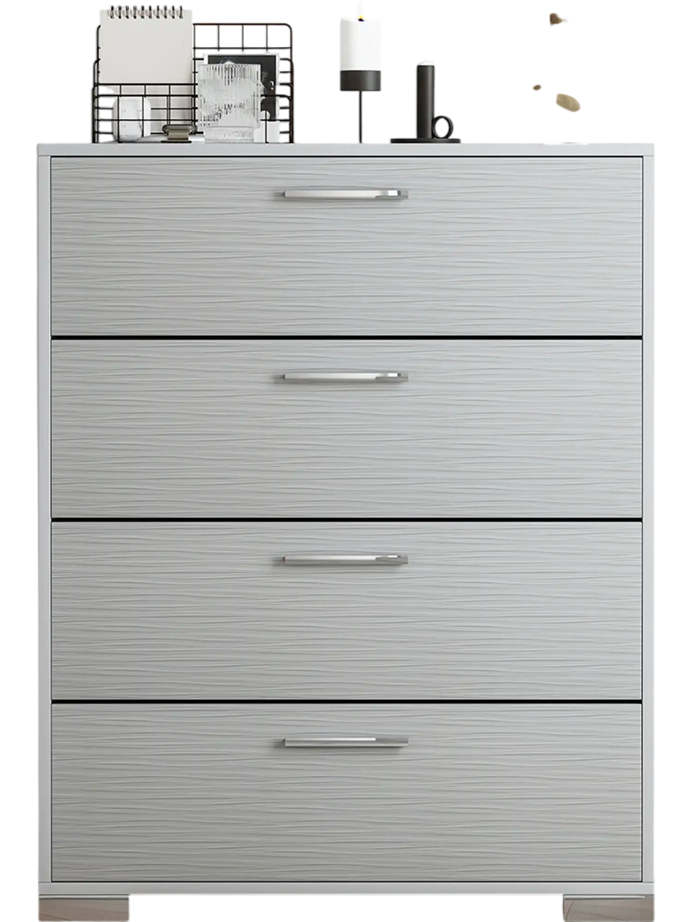 Gray 4 drawer storage cabinet with textured surface and metal legs, ideal for organizing living room essentials.