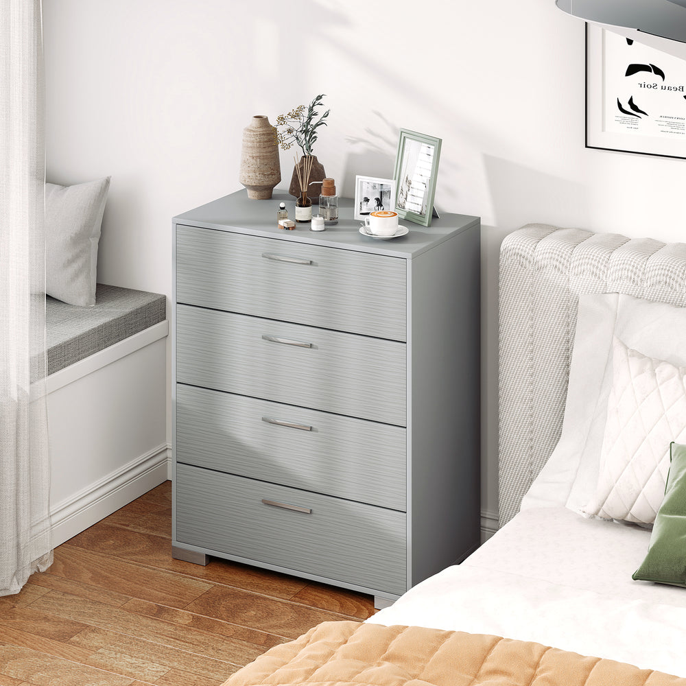 Gray 4 drawer storage cabinet with textured surface and metal legs, perfect for organizing items in any indoor space.