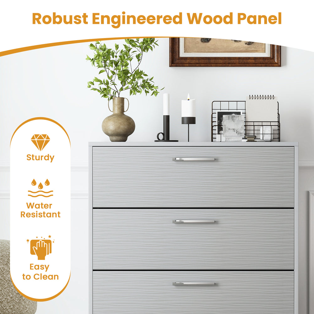 4-drawer storage cabinet in gray with metal legs, featuring robust engineered wood and anti-toppling devices for safety.