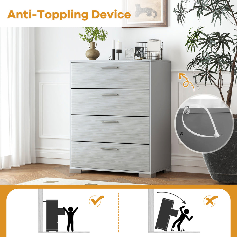 4-drawer gray storage cabinet with textured surface, metal legs, and anti-toppling devices for safety in any indoor.