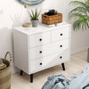 White 4-drawer dresser chest with smooth surface and tapered legs, ideal for adding modern storage to any room decor.