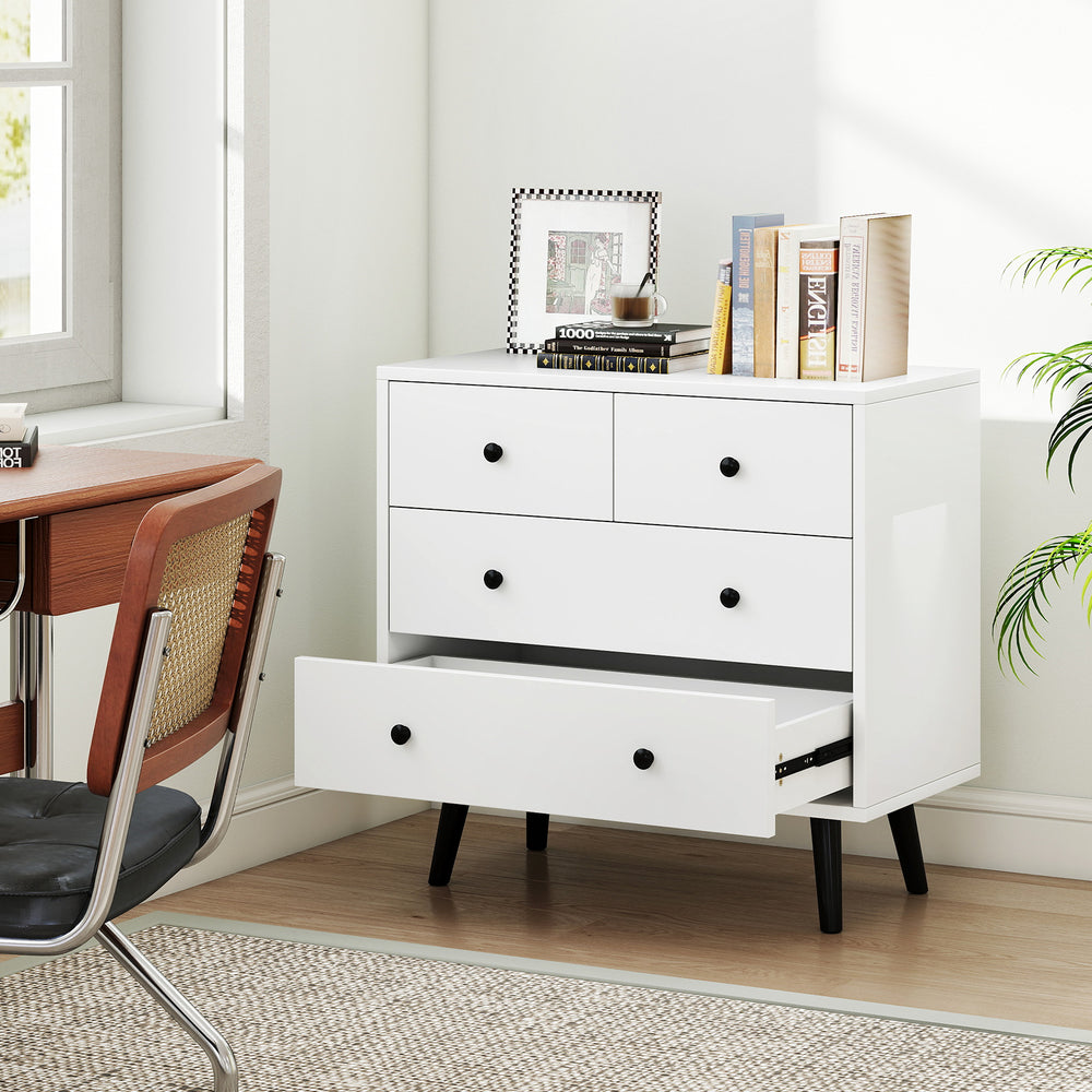 White 4-drawer dresser chest with sleek design, metal knobs, and sturdy construction for stylish storage in any room.