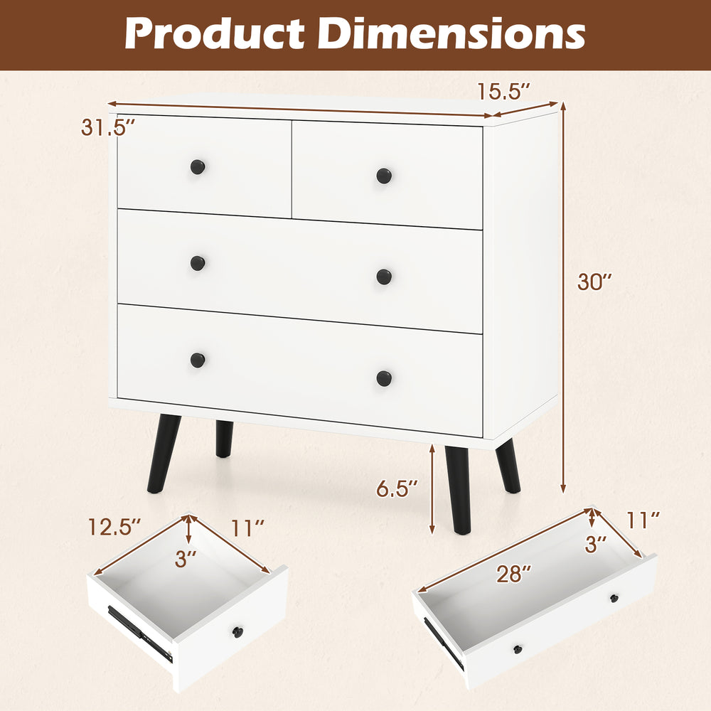 4-drawer white dresser chest with dimensions, featuring sleek design and sturdy construction for stylish storage.