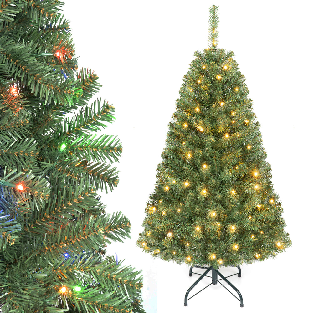 4 FT artificial Christmas tree with 750 pre-lit LED lights, featuring warm white and colorful options, and a folding metal stand.