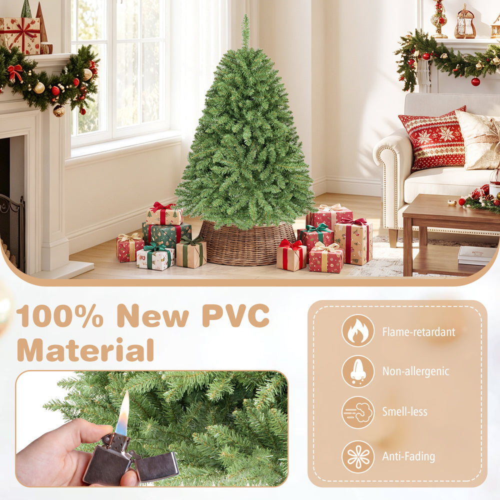 4 FT artificial Christmas tree made of 100% new PVC material features easy-setup hinges and realistic evergreen foliage.