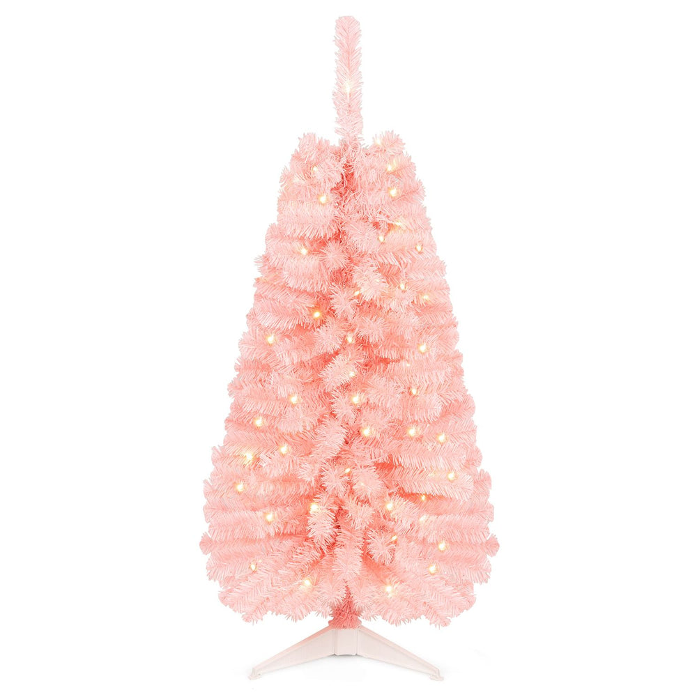 4 FT artificial Christmas tree in pink with 50 warm white LED lights and 110 branch tips, perfect for seasonal charm.