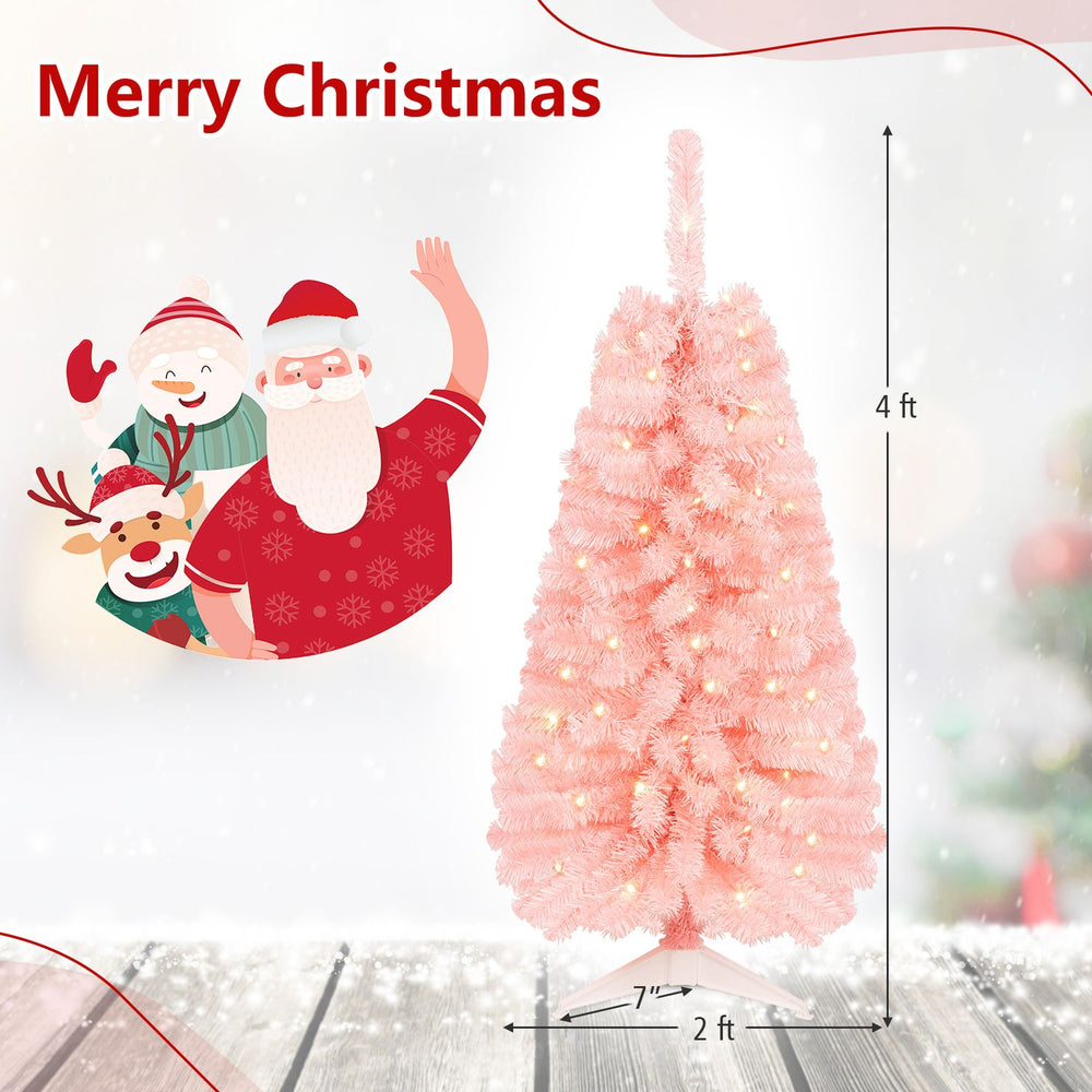 4 FT pink artificial Christmas tree featuring 50 warm white LED lights and 110 branch tips, perfect for holiday charm.