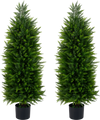 Set of 2, 4 FT artificial topiary trees in cement-filled pots, featuring lush green faux cedar cypress foliage.