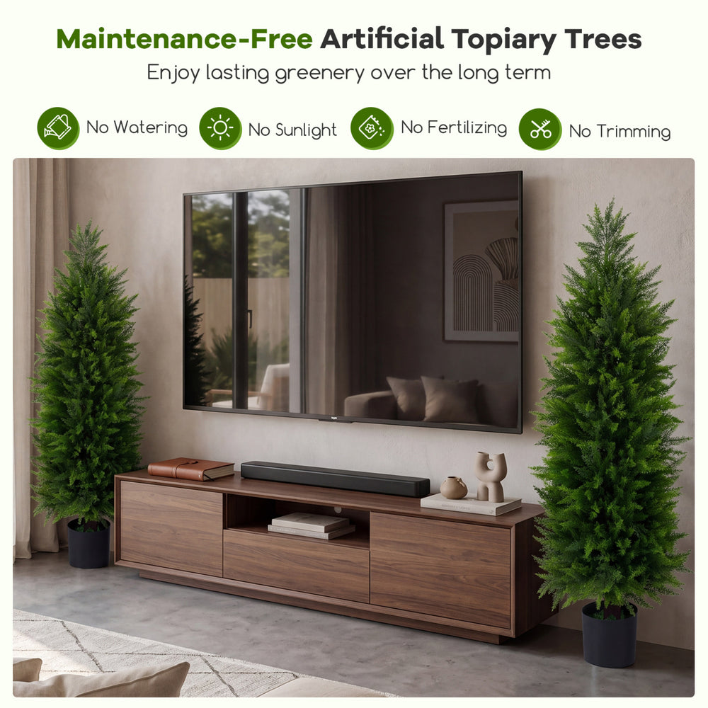 4 FT artificial topiary tree set of 2 in cement-filled pots, perfect for maintenance-free indoor greenery.