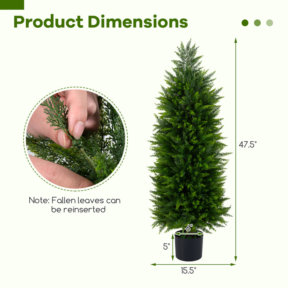 4 FT artificial topiary tree with green faux cedar leaves, shown with dimensions, ideal for indoor decor.