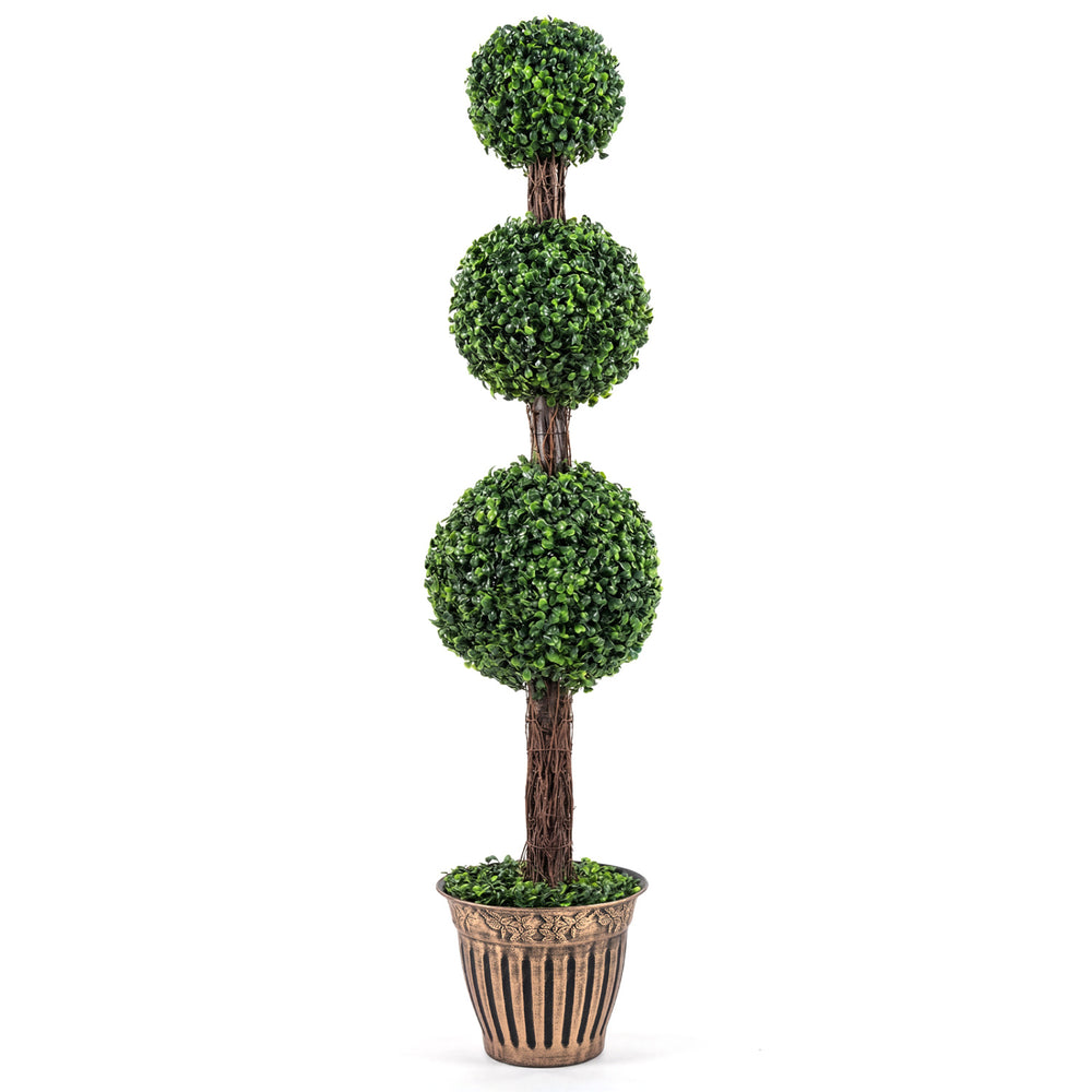 Artificial 4 FT triple ball boxwood tree in a cement-filled retro planter, perfect for indoor or outdoor decor.