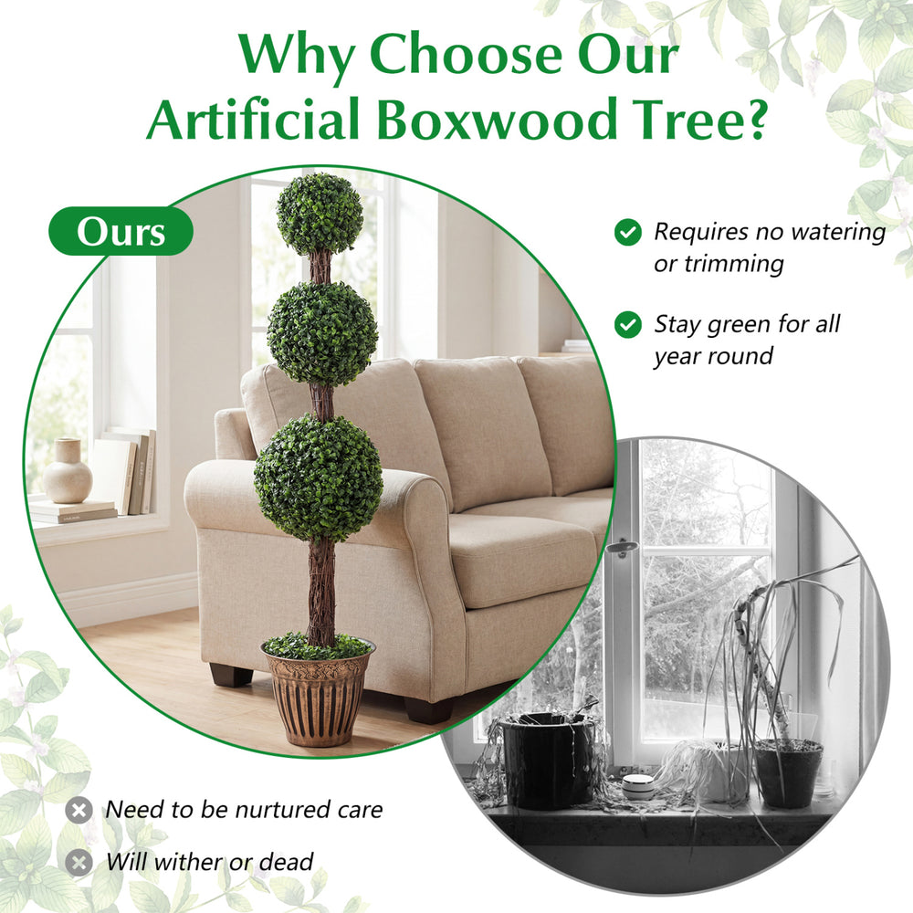 4 FT artificial triple ball boxwood tree in a retro planter, perfect for year-round greenery without maintenance.