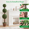 Artificial 4 FT triple ball boxwood tree in a retro planter, showcasing easy installation and shaping steps.
