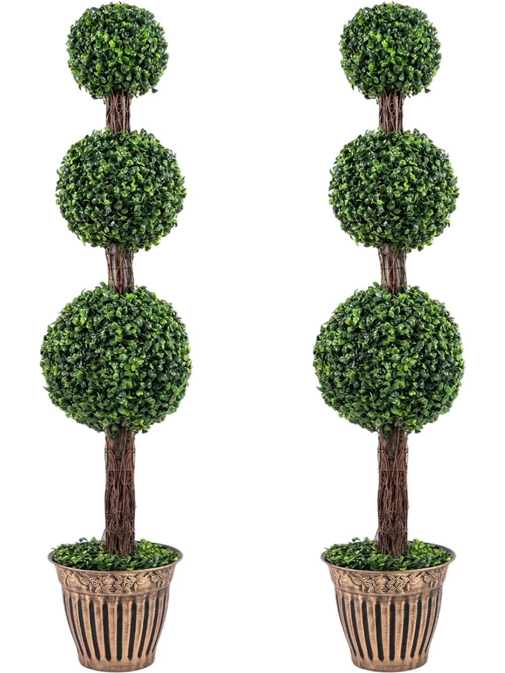 Artificial triple ball boxwood trees in retro cement-filled planters, 4 FT tall, set of 2 for elegant decor.