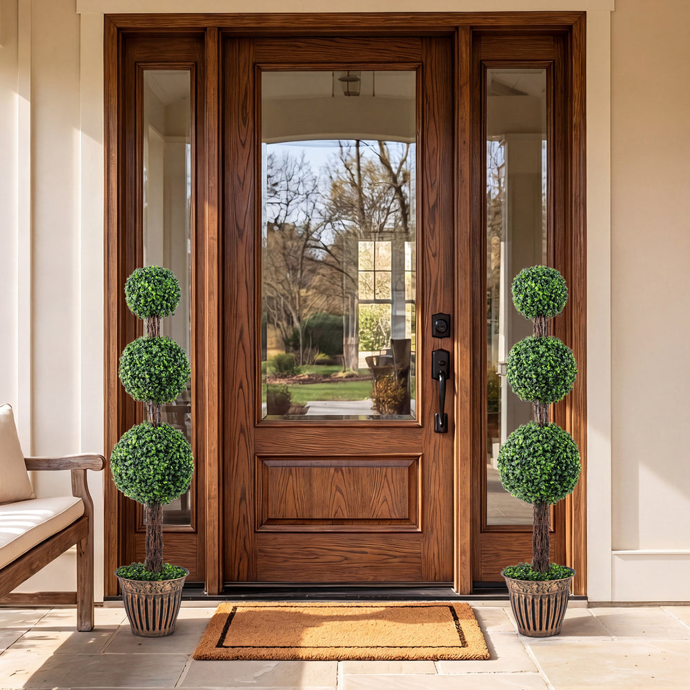 Artificial triple ball boxwood trees in retro planters, 4 FT tall, perfect for enhancing outdoor entryways.