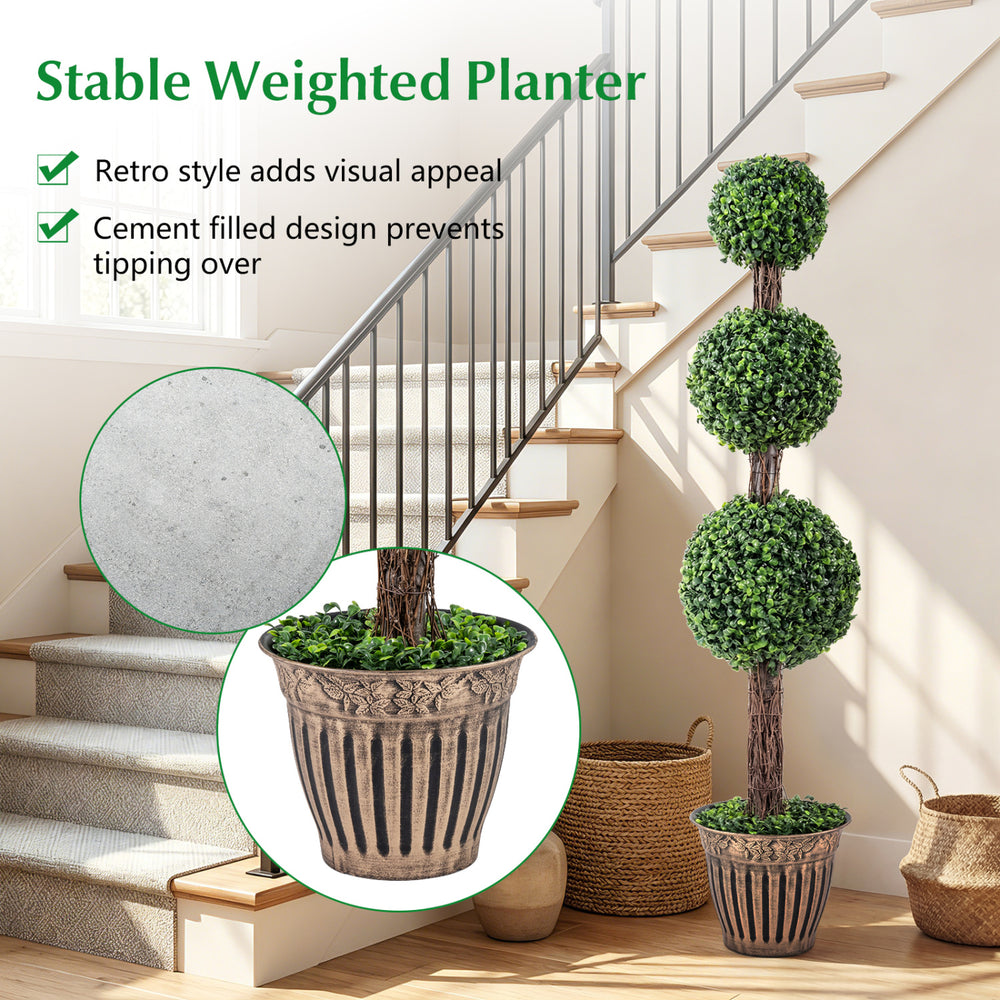Artificial triple ball boxwood tree in a cement-filled retro planter, perfect for adding greenery indoors or outdoors.