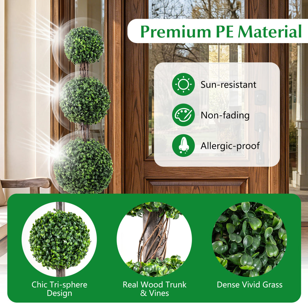 Artificial triple ball boxwood tree set of 2 in a cement-filled planter, featuring sun-resistant green foliage.