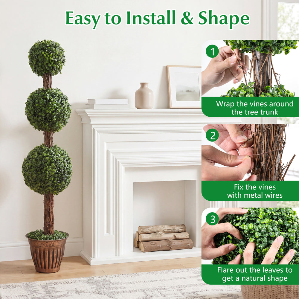 Artificial triple ball boxwood tree in a cement-filled retro planter, 4 FT tall, perfect for indoor decoration.