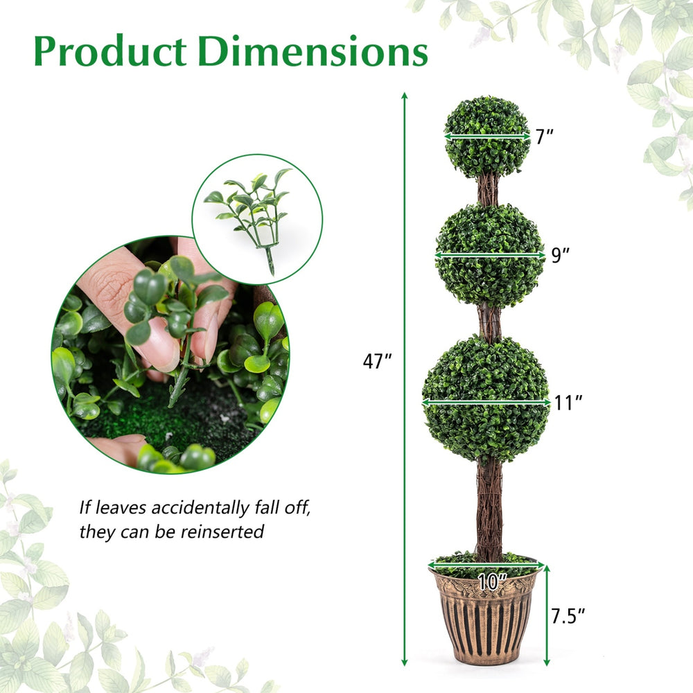 Artificial triple ball boxwood tree set of 2 in a retro planter, 47 inches tall with 10-inch base diameter.