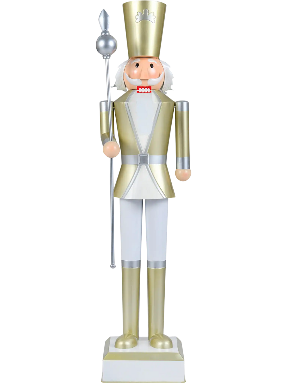 4 FT Christmas nutcracker in white and gold with a high hat and scepter, ideal for festive indoor or outdoor decoration.