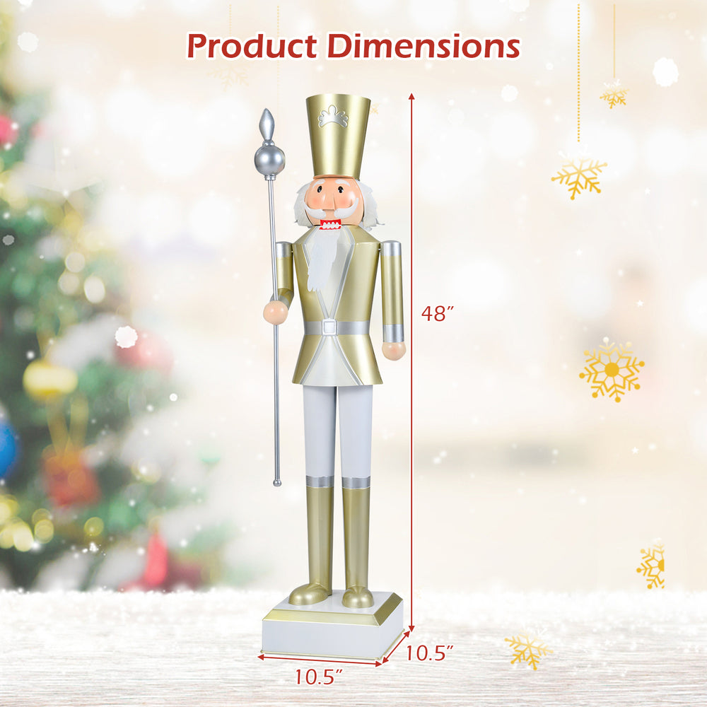 4 FT Christmas nutcracker with high hat and scepter, featuring a sturdy base and ideal for holiday indoor or outdoor.