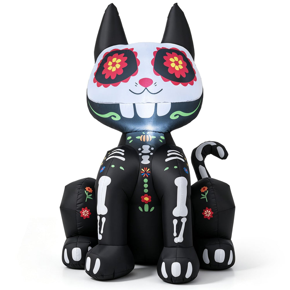 Colorful 4 FT Day of the Dead inflatable skull cat with LED light, perfect for gardens and patios during celebrations.
