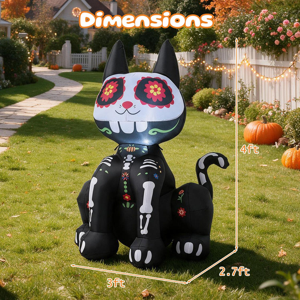 Dimensions of the 4 FT Day of the Dead inflatable skull cat with LED light, measuring 4 ft tall and 3 ft wide.