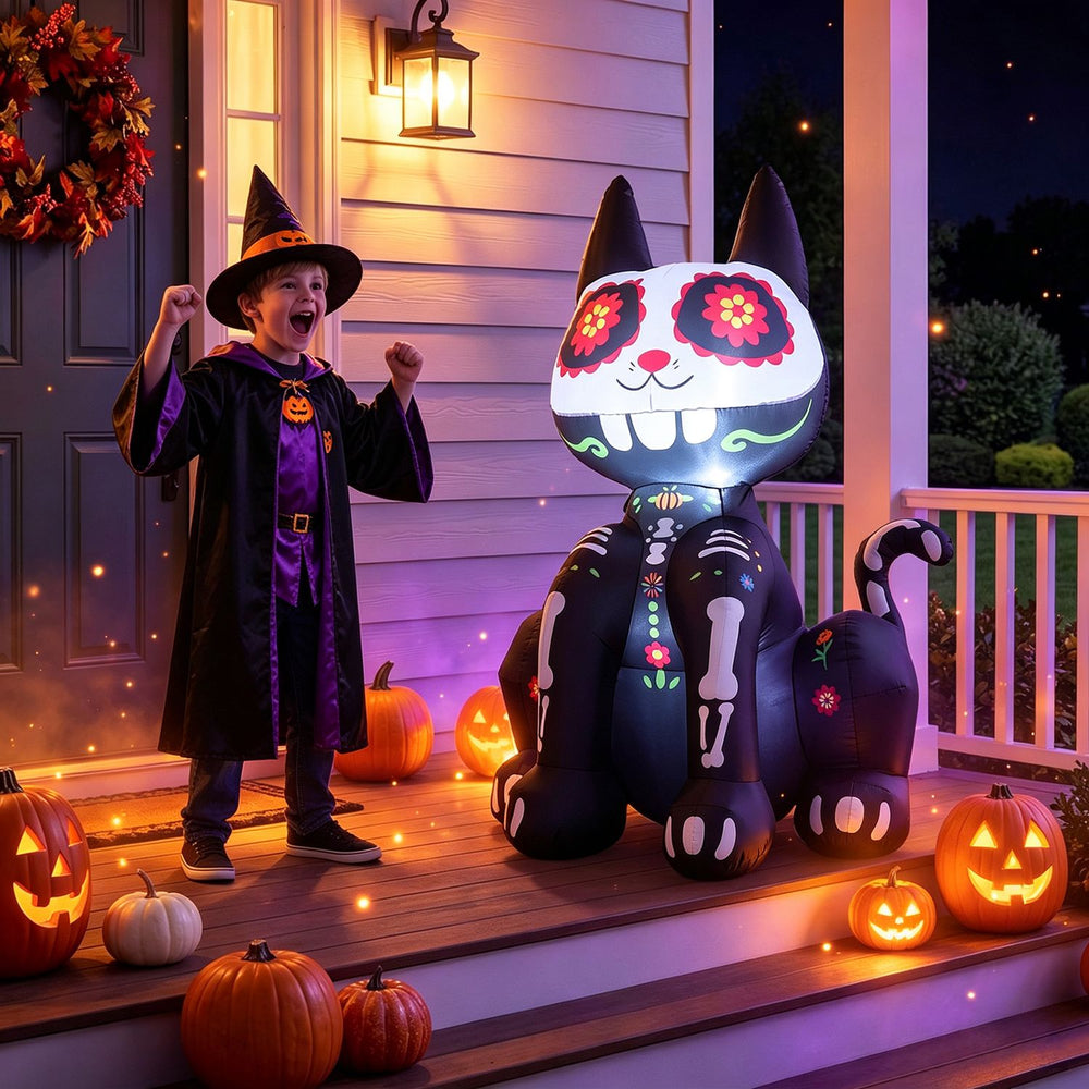 Day of the Dead inflatable skull cat with LED light, featuring floral designs, perfect for Halloween porch decorations.