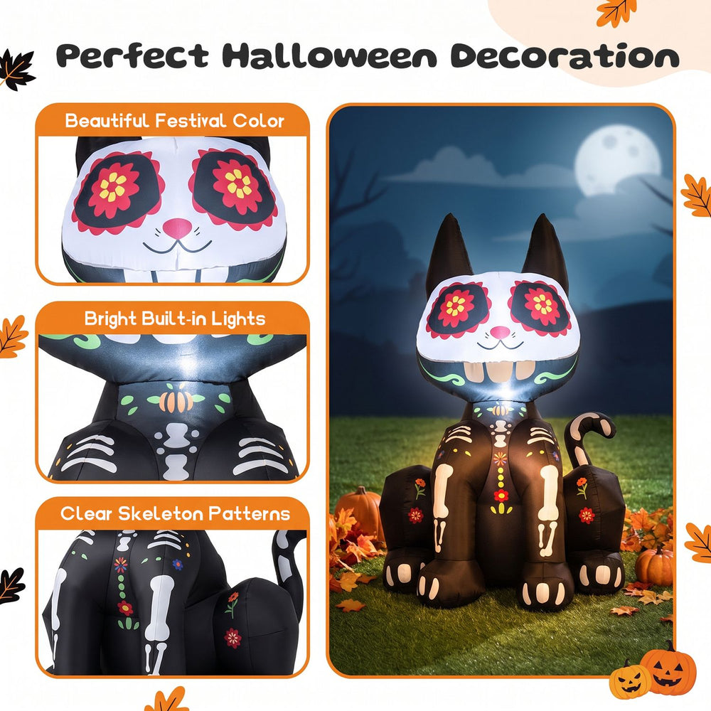 4 FT Day of the Dead inflatable skull cat with LED light, featuring clear skeleton patterns for festive outdoor decoration.