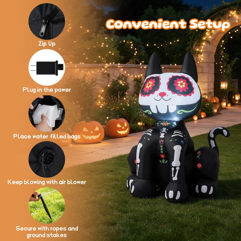 Day of the Dead inflatable skull cat with LED light, featuring a charming design, perfect for lawns and gardens.