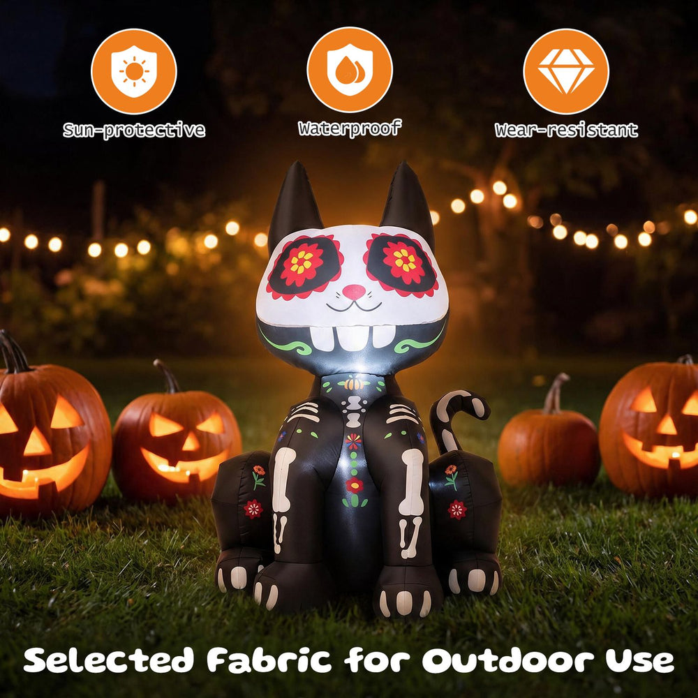 4 FT inflatable Day of the Dead skull cat with LED light, made of waterproof polyester, perfect for outdoor decoration.