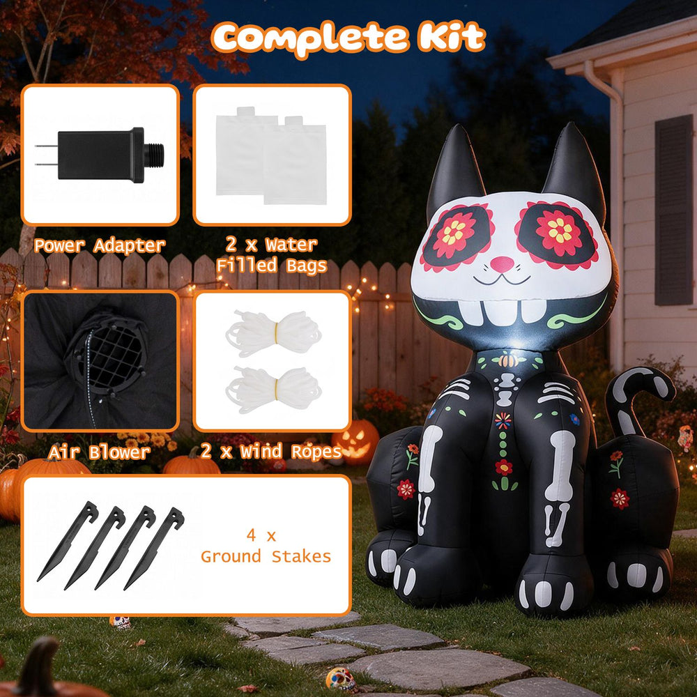 4 FT Day of the Dead inflatable skull cat with LED light, featuring waterproof fabric and stability accessories for outdoor use.