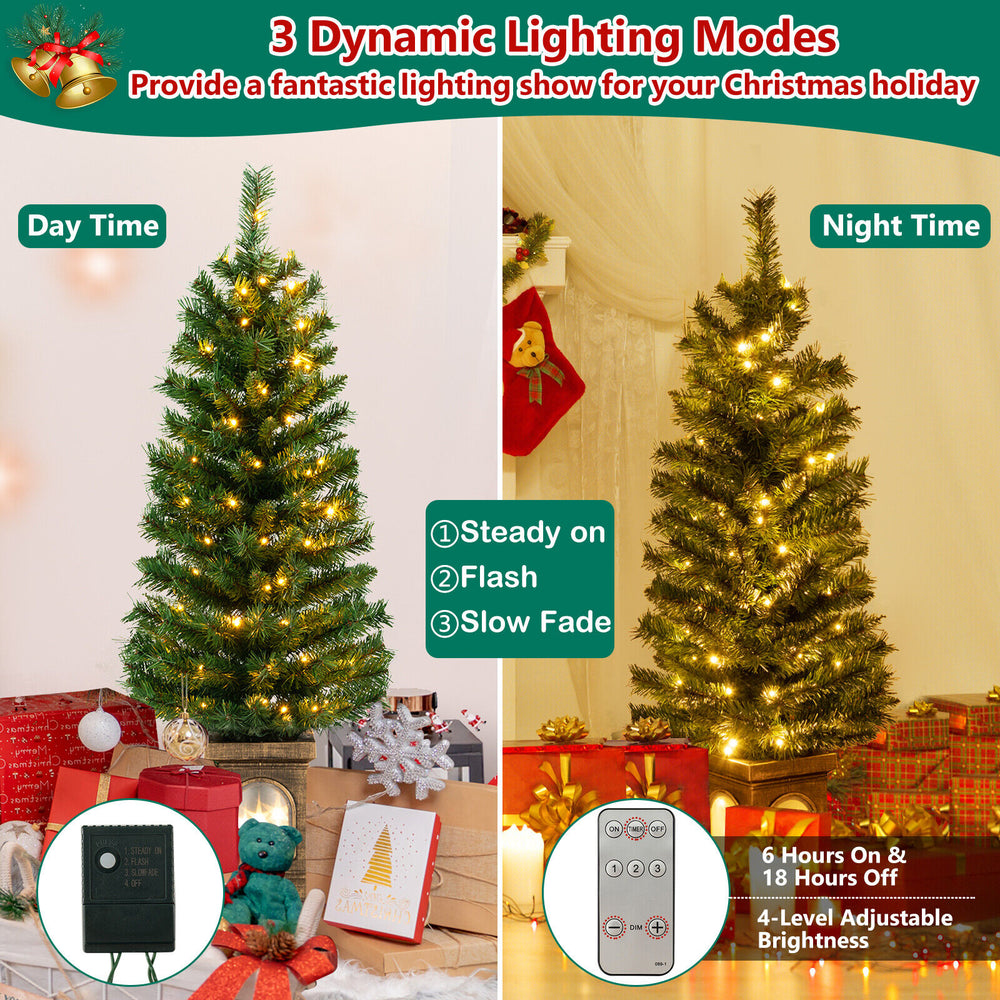 Side view of the 4 Feet Pre-Lit Potted Christmas Tree, highlighting its antique urn base and warm LED lighting for.