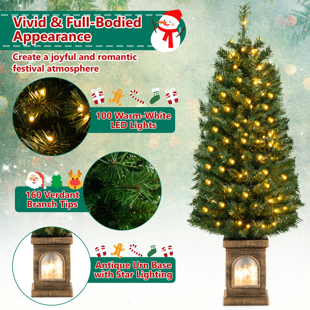 4 feet pre-lit potted Christmas tree with 160 branch tips, warm-white LED lights, and antique urn base for festive.