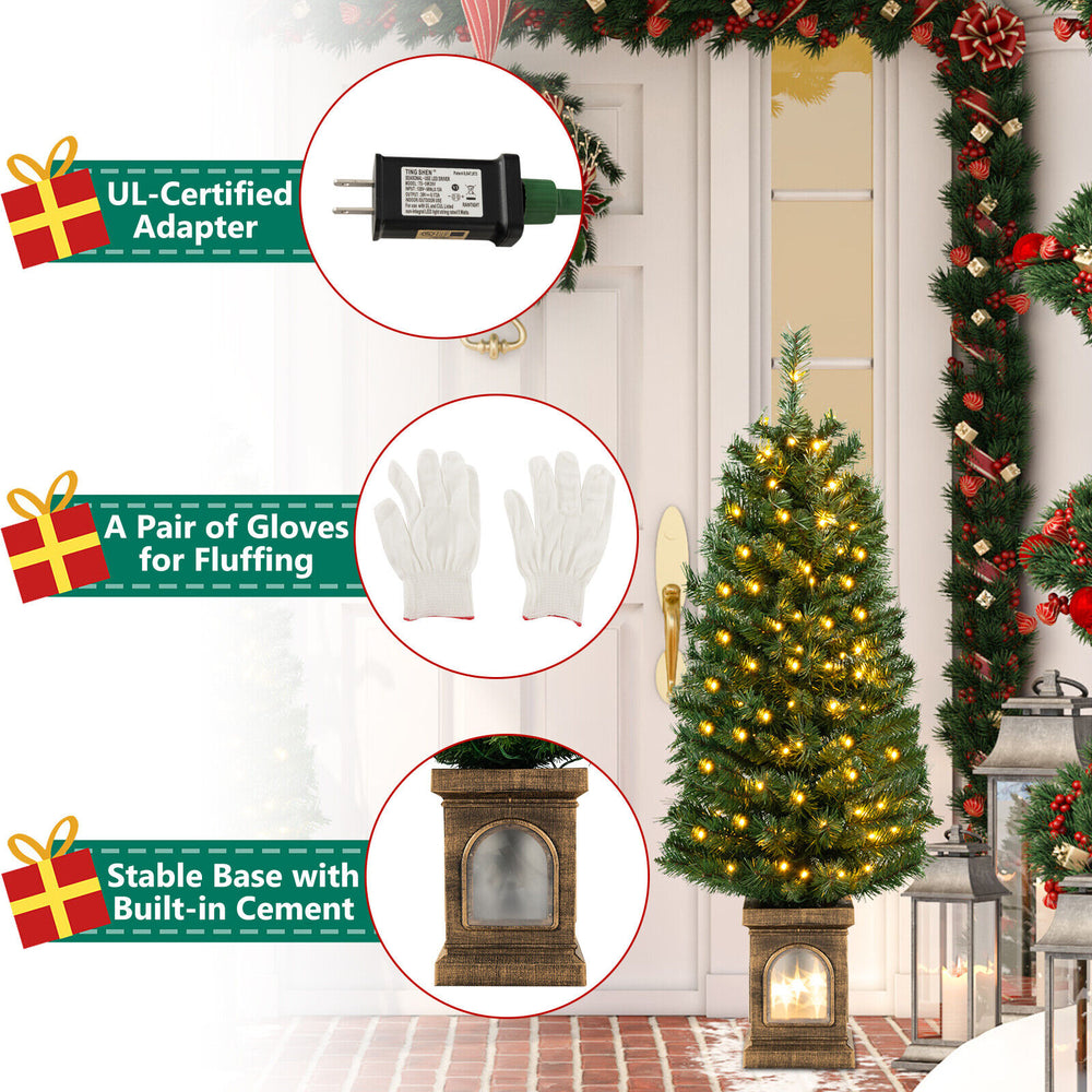 4 feet pre-lit potted Christmas tree with 160 branch tips, warm LED lights, and stable cement base for festive decor.